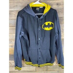 Batman Mens Sz L  Black & Gray Snap Down Hooded Jacket